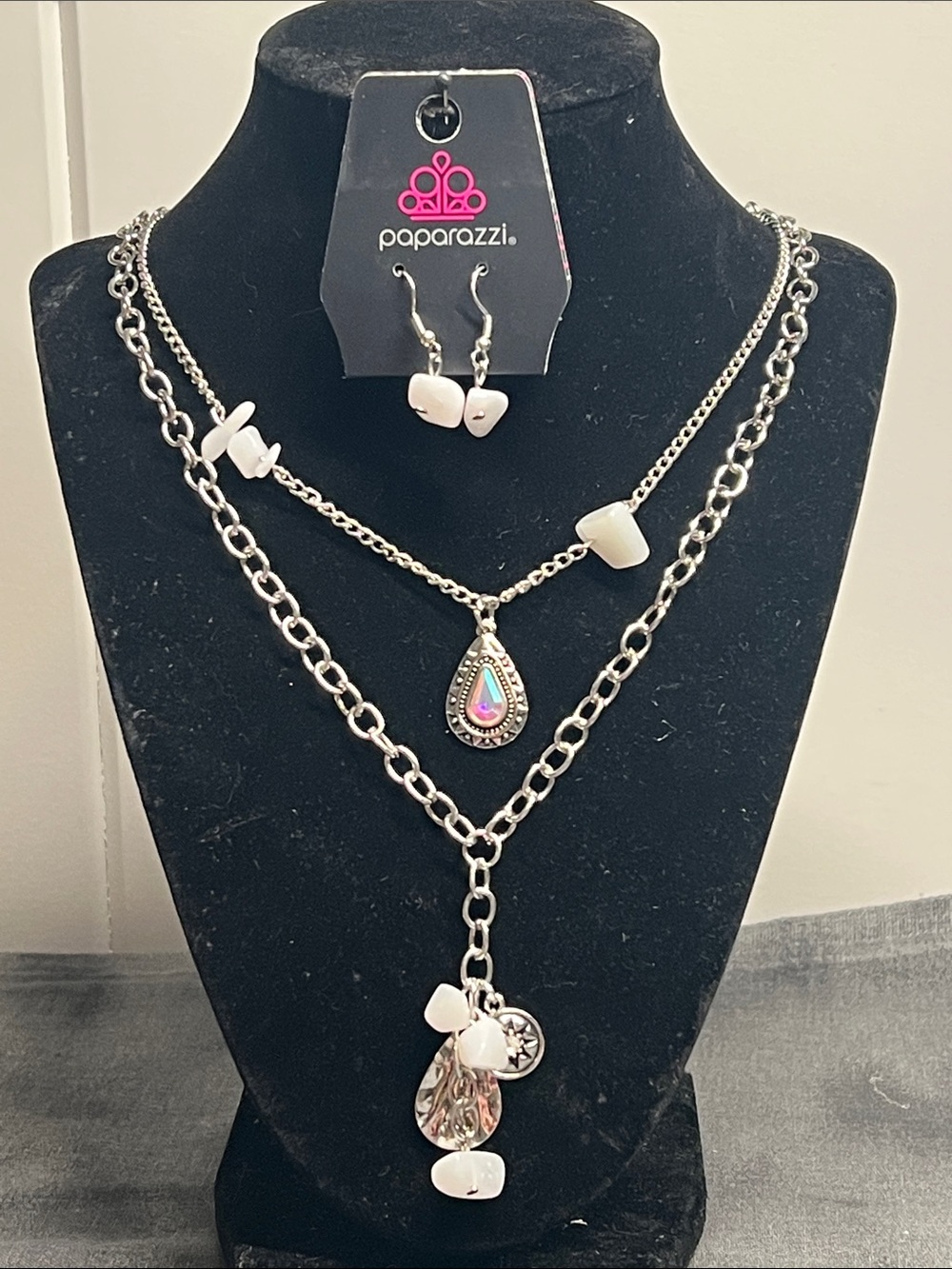 Paparazzi Silver Layered Necklace Set with White Accents and Iridescent Teardrop